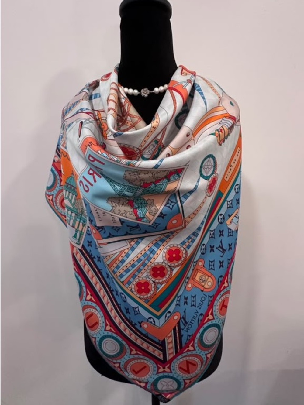 Louis Vuitton Paris Silk Scarf 90 Carré Reversible Blue Orange Made In Italy